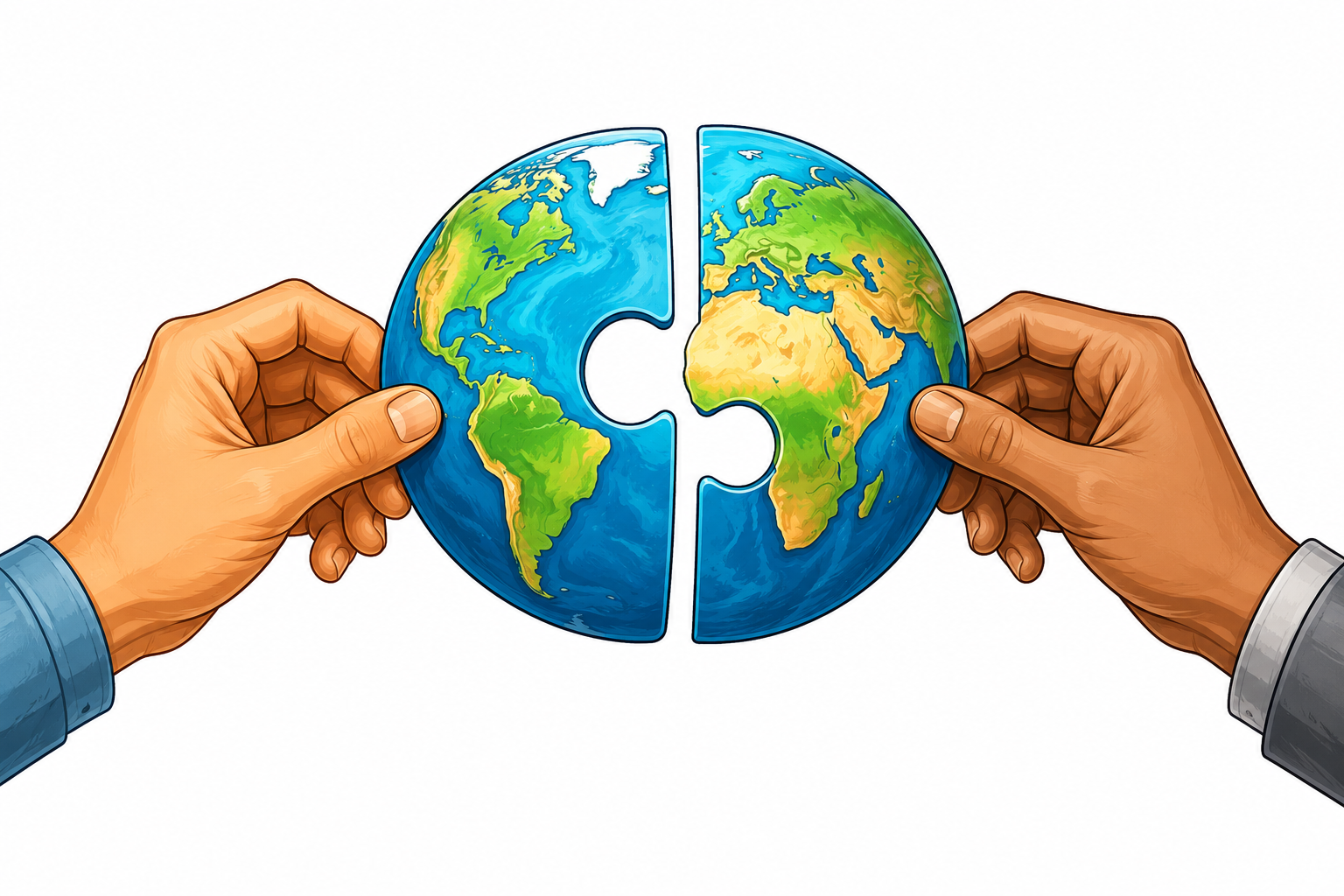 Hands joining puzzle pieces into a globe